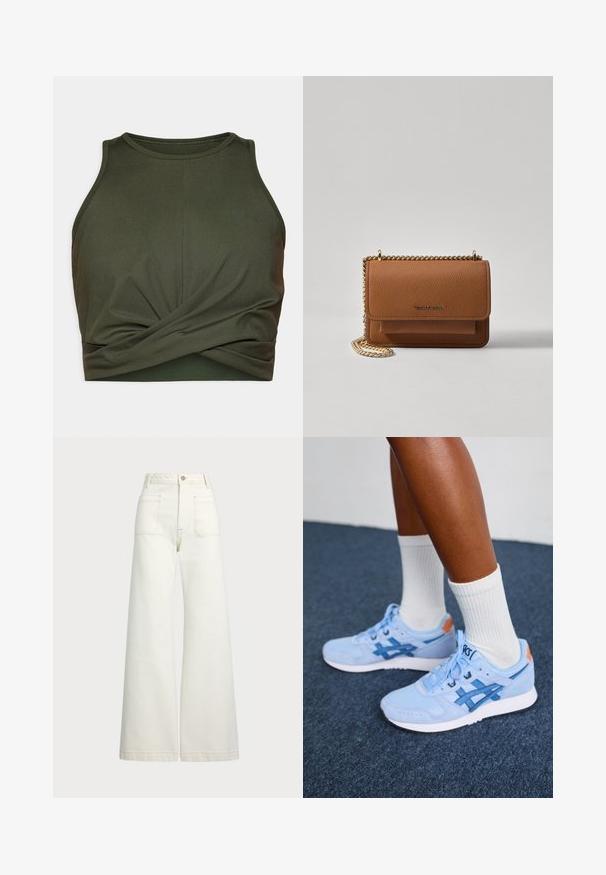 Temnozelen športni top z naramnicami, izdelan iz raztegnljive tkanine. Ima okroglo ovratnico in nabran detajl na robu.; Široke jeans hlače v off-white denim tkanini. Visok pas z gumbnim zapiranjem, dvema sprednjima žepoma in detajli kontrastnega šivanja.; Noge v svetlo modrih Asics tenisicah z belimi podplati in belimi nogavicami stojijo na temnem preprogem tleh.; Rjava teksturirana usnjena torba čez ramo z zlatim verižnim trakom in zapiranjem na pokrov. Spredaj je vidna podrobnost logotipa in žep pod pokrovom.