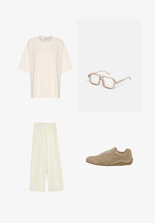 T-shirt oversize color crema realizzato in tessuto morbido, con scollo rotondo e maniche corte. Dettaglio logo a rilievo sottile sulla parte anteriore.; Pantaloni a gamba larga in tessuto bianco sporco, caratterizzati da una texture liscia, pieghe frontali e una linea diritta dalla vita all'orlo.; Sneaker in suede beige con profilo basso, superficie texturizzata e lacci bianchi. Presenta un design curvo e una suola in gomma per una migliore aderenza.; Occhiali da vista trasparenti a forma esagonale con tonalità marrone chiaro; montatura spessa e trasparente con aste sottili; senza loghi o motivi visibili.; Borsa a mano in pelle color tan con doppie maniglie e tracolla staccabile. Presenta un chiusura in tono oro e una superficie testurizzata.