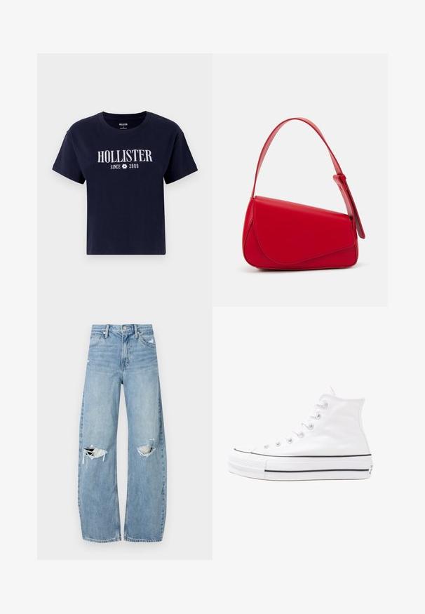 T-shirt de algodão azul marinho com gola redonda e mangas curtas. Logótipo "HOLLISTER" impresso em branco, com "SINCE 2000" abaixo. Design simples.; Jeans de lavagem clara, de cintura alta, feitos de denim. Apresentam pernas largas, duas áreas rasgadas nos joelhos e o estilo clássico de cinco bolsos.; Sapatilha alta de tela branca com sola de borracha preta, bico de borracha na frente e seis ilhós para os atacadores, apresentando um design limpo e minimalista.; Bolsa de mão em couro vermelho com um design angular e geométrico. Apresenta uma única alça ajustável e um fecho com aba, com detalhes cosidos.
