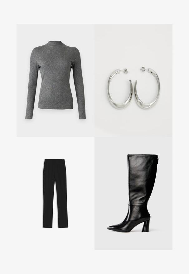Graues Langarm-Turtleneck-Shirt aus weichem, dehnbaren Stoff mit einem figurbetonten Design und glatter Textur. Keine sichtbaren Muster oder Akzente.; Schwarze maßgeschneiderte Hose mit geradem Bein, ausgestattet mit Fronttaschen und einem glatten, strukturierten Stoff. Saubere, minimale Details.; Knöchelhohe schwarze Lederstiefel mit einer spitzen Zehe, glatter Oberfläche und einem klobigen Absatz. Verfügt über einen Reißverschluss hinten.; Silberne Creolen mit einem glatten, geschwungenen Design. Mit einem glänzenden metallischen Finish und Steckverschluss. Keine sichtbaren Muster oder Akzente.