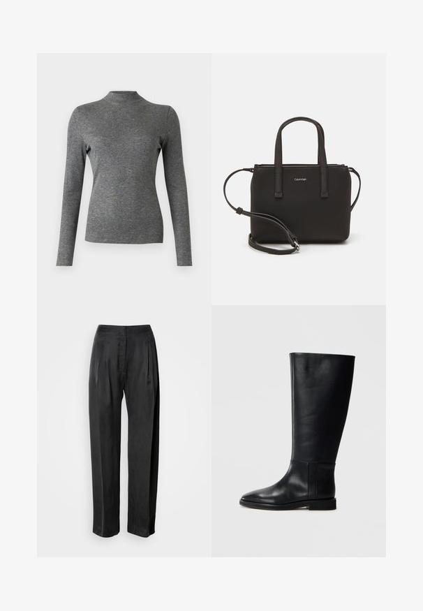 Harmaa pitkähihainen poolopaita, joka on valmistettu pehmeästä ja joustavasta kankaasta. Paita on muotoiltu tiukasti ja sillä on sileä pinta. Ei näkyviä kuvioita tai koristeita.; Musta leveälahkeiset housut, jotka on valmistettu sileästä kankaasta. Housuissa on edessä laskokset, vetoketjusepalus ja klassinen vyötärönauhan muotoilu.; Mustat nahkaiset polvipituiset saappaat, joissa on pyöreä kärki, sileä pinta, minimalistinen muotoilu ja tasapohja. Yksinkertaiset sauman yksityiskohdat varressa.; Musta käsilaukku, jossa on kaksinkertaiset lyhyet kahvat ja irrotettava olkahihna. Silkkinen nahkatunneinen materiaali, jossa on vetoketjukiinnitys ja logoyksityiskohta.