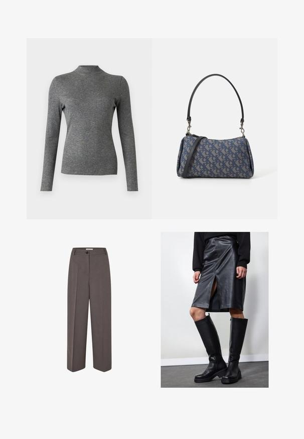 Sivá dlhá rukávová roláková košeľa vyrobená z mäkkej, pružnej tkaniny s priliehavým strihom a hladkou textúrou. Žiadne viditeľné vzory ani akcenty.; Svetlohnedé nohavice s širokými nohavicami a vysokým pásom, s prednými záhybmi, pútkami na opasok, zapínaním na gombík a hladkou textúrou látky.; Čierna kožená ceruzková sukňa s predným rozparkom, skombinovaná s čiernymi čižmami nad kolená, ktoré majú zipsy a hrubú podrážku pre dodatočnú výšku.; Modrá vzorovaná kabelka vyrobená z látky, so zakriveným tvarom, čiernym koženým popruhom a dizajnom loga v svetlejšej farbe.