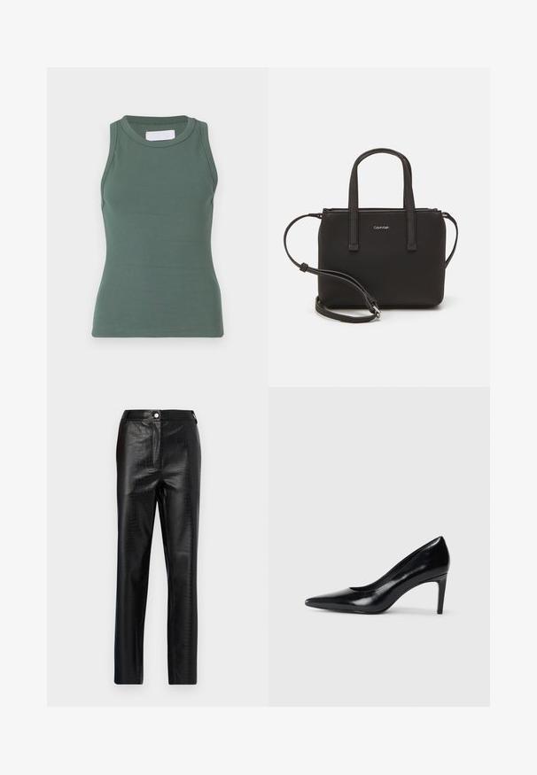 Grøn ribbet tanktop med rund halsudskæring og ærmeløs design. Lavet af strækbart bomuldsstof, med en tætsiddende pasform og glat tekstur.; Sorte faux læderbukser med krokodillemønster, slim fit, lige ben design, med frontknaplukning og standard taljebånd.; Sort læder højhælede sko med spids tå, glat tekstur og en taperet hæl. Minimalistisk design uden yderligere udsmykninger.; Sort håndtaske med to korte håndtag og en aftagelig skulderrem. Glat læderagtigt materiale med lynlåslukning og logo detaljer.