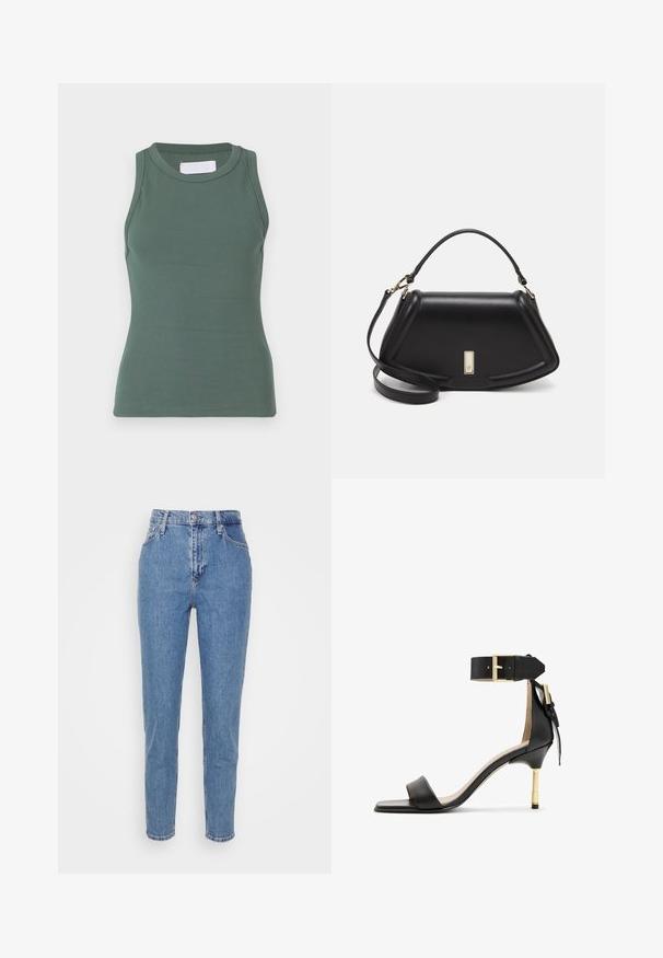 Green ribbed tank top with a round neckline and sleeveless design. Made from stretchy cotton material, featuring a fitted shape and smooth texture.; Blue high-waisted straight-leg jeans with front button and zipper, belt loops, and pockets, displayed on plain white background.; Black leather heeled sandal with a square toe, ankle strap featuring a gold buckle, and a slender metallic heel. Smooth texture, minimalist design.; Black leather handbag with a structured design, featuring a cropped shape, top handle, and gold hardware accent. Adjustable shoulder strap included.; Silver hoop earrings with a smooth, curved design. Features a shiny metallic finish and stud closure. No visible patterns or accents.