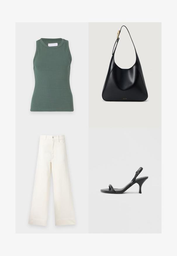 Zeleni prsluk s rebrastim uzorkom, okruglim izrezom i bez rukava. Izrađen od rastezljivog pamučnog materijala, ima uski kroj i glatku teksturu.; Hlače širokih nogavica u svijetloj bež pamučnoj tkanini. Imaju visoki struk, prednje džepove i ravni kroj. Čista obruba bez uzoraka.; Crne kožne sandale na visoku petu s tankom, zakrivljenom petom i dizajnom prekriženih traka. Podesiva traka oko gležnja. Glatka tekstura.; Crna kožna torba za rame s glatkom teksturom, zakrivljenim siluetom i zlatnim detaljima. Ima utisnutu oznaku branda na dnu.