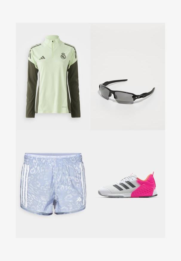 Svetl zelený športový dres s tmavozelenými rukávmi, štvrťzipom a bielymi pruhmi; má logo na hrudi a branding AeroReady.; Svetlomodré bežecké šortky s jemným leopardím vzorom, elastickým pásom a tromi bielymi pruhmi na každej strane.; Biele športové topánky so sivými pruhmi, sieťovinovým zvrškom a ružovou pätou a akcentmi. Obsahujú textúrovanú pätu a gumovú podrážku. Šnúrky a vypolstrovaný golier.; Čierne športové slnečné okuliare so šedými šošovkami, zakriveným rámom a logom na boku. Vyrobené z ľahkého plastového materiálu.