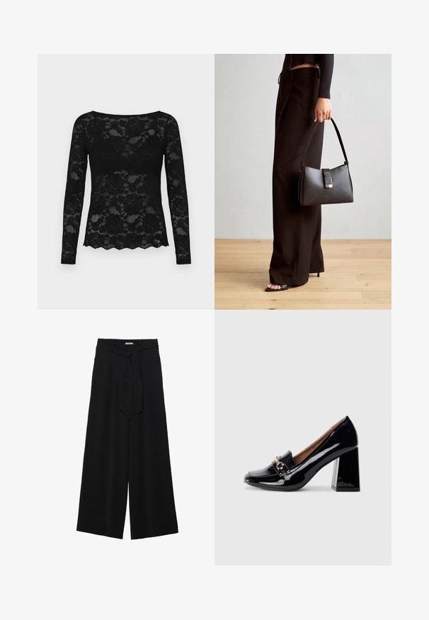 Musta pitsinen pitkähiha toppi, jossa on kukkakuosi, pyöreä kaula-aukko ja kauniisti kaareva helma. Läpinäkyvä materiaali lisää sen eleganttia ilmettä.; Mustat leveät housut, joissa on teksturoitu kangas, joustava vyötärö ja irrotettava nauha vyötäröllä säädettävää istuvuutta varten.; Musta patenttilakattu korkokenkä, jossa on kärjessä terävä muoto ja lohkarekorko. Koristeellinen nauha ja solki yksityiskohtina kengän päällä.; Musta käsilaukku, jossa on rakenteellinen muoto, sileä pinta ja metallinen solki. Yhdistetty leveisiin mustiin housuihin ja avonaiheisiin sandaaleihin puulattialla.