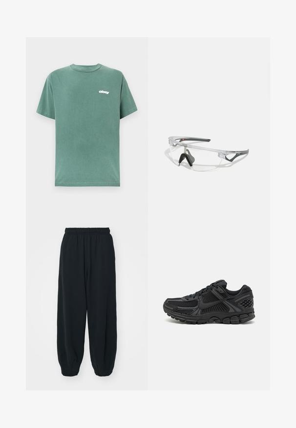 Roheline lühikeste varrukatega T-särk, millel on puuvillane materjal, ümar kaelus ja vasakus rinnas valge "obey" logo. Sile tekstuur.; Mustade elastse vöökoha ja laia lõikega dressipüksid, mansetiga sääred, sile tekstuur ning ilma nähtavate mustrite või detailideta.; Musta spordijalats, millel on võrgust ülemine osa, kummist tallad ja tekstureeritud detailid. Disain sisaldab silmapaistvat lõngasüsteemi ja pehmendatud tallaid.; Selged ohutusprillid kerge, läbipaistva raami ja hallide aktsentidega. Omab ümbritsevat disaini ja reguleeritavat ninatükki.