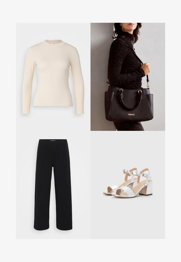 Long-sleeve, ribbed knit top in off-white, featuring a ruffled high neckline and cuffs. Smooth texture with a fitted silhouette.; Black wide-leg pants with an elastic waistband. Made from a textured material, featuring a loose fit and straight cut from hips to hem.; Silver high-heeled sandals with open toes, featuring two wide straps and a rounded block heel. Smooth texture with metallic finish.; Black handbag with textured surface, dual top handles, and adjustable shoulder strap. Features gold-tone hardware and side pockets.