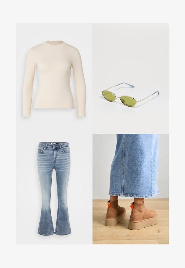 Gara piedurkne, ribota adījuma augšējais tops off-white krāsā, ar viļņotu augsto apkakli un aprocēm. Gluda tekstūra ar pieguļošu siluetu.; Gaiši zili platā kāju džinsi, kas izgatavoti no denima, ar klasisku piecu kabatu dizainu, priekšējo rāvējslēdzēju un maigu izbalējumu gar augšstilbiem.; Brūni zamšādas platforma zābaki ar elastīgiem sānu paneļiem un oranžām cilpām, apvienoti ar līdz ceļgaliem garu gaišā denima svārku uz koka grīdas.; Olīvu zaļi saulesbrilles ar plānu zelta rāmi un zila akcenta kājām. Ovali lēcas un minimālisma dizains.; Sudraba auskars ar pulētu apdari, ar maziem zelta akcentiem un apaļu formu, uz ausu ļipiņas.