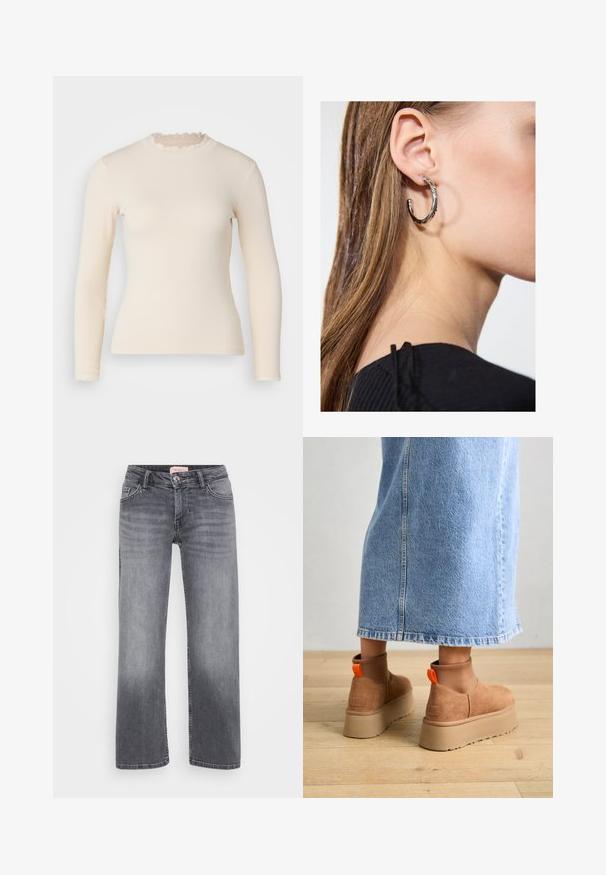 Langermet, ribbestrikket topp i off-white med volanger i høy hals og mansjetter. Glatt tekstur med en figurnær silhuett.; Grå denimjeans med rett ben-design, fem-lomme stil, subtil falming, og knappelukking i midjen.; Brune semska plattformstøvler med elastiske sidepaneler og orange rekkehalser, parret med en knelange lys denimskjørt på et tregulv.; Sølv ringøredob med en polert finish, med små gull detaljer og en rund form, båret på øreflippen.