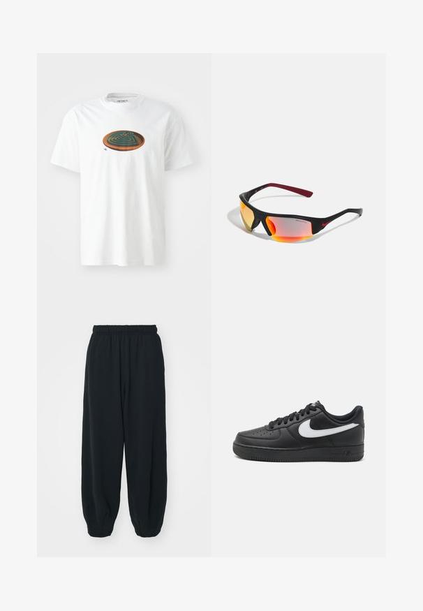 Camiseta de algodón blanca con un gráfico redondo en marrón y verde con un diseño de laberinto. Mangas cortas y estilo cuello redondo.; Pantalones de chándal negros con cintura elástica, de corte holgado, con puños en los tobillos, textura suave y sin patrones visibles ni acentos metálicos.; Zapatillas Nike Air Force 1 negras con parte superior de cuero liso, acento de logo blanco, punta perforada y suela de goma texturizada.; Gafas de sol deportivas negras con lentes espejados amarillos-naranjas, detalles en rojo y patillas curvadas. Presenta un diseño elegante y moderno.