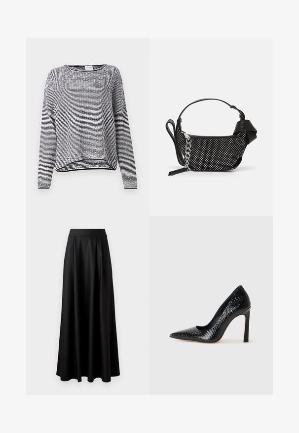 Raitapaita pitkällä hihalla musta-valkoisena, jossa on pyöreä kaula-aukko, rento malli ja teksturoitu kangas, jossa on ribbireunukset helmassa.; Mustat, lattiapituinen hame, jossa on sileä pinta, leveä vyötäröosa ja plissoitu muotoilu, ilman näkyviä kuvioita tai koristeita.; Musta kapea nilkkakorkokenkä krokotiilin nahkakuviolla, joka on varustettu tyylikkäällä muotoilulla, korkealla stiletto-korkealla ja sileällä mustalla sisäosalla.; Musta käsilaukku, jossa on niittikoristeet, ketjuhihna ja sileä nahkakahva, pyöreä muoto ja vetoketjullinen osasto.