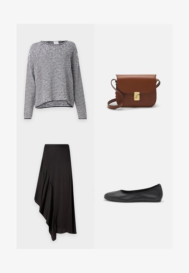 Juostuotas ilgomis rankovėmis juodai baltas marškinėliais, su apvalia iškirpte, laisvu siluetu ir tekstūruota medžiaga su raukšlėmis prie krašto.; AERON ASTER SKIRT - Pieštukinis sijonas - black; Juodai odiniai baletai su apvaliu pirštu, lygi texture, minimalus siuvimo detales ir lanksčiu padų dizainu.; Ruda odinė rankinė su uždaromu dangteliu, aukso spalvos detalėmis, petneša ir lygiu paviršiumi. Kompaktiška stačiakampio formos.