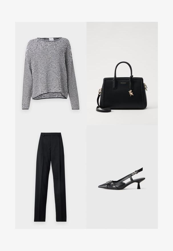Striped long-sleeve top in black and white, featuring a round neck, relaxed fit, and textured fabric with ribbed accents at the hem.; Black trousers made from smooth fabric featuring a high waist, wide legs, front pleats, and classic belt loops. No side pockets visible.; Black leather slingback shoe with a pointed toe, decorative straps featuring metal eyelets, and a low block heel. Textured surface.; Black leather handbag with structured design, dual top handles, detachable shoulder strap, gold hardware, and a logo charm accent.
