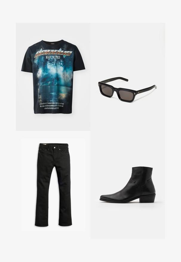 Črna bombažna majica s grafičnim tiskom ognjemetov nad vodo, z besedilom "Made in Italy" in citatom v belem na dnu.; Črne kavbojke iz denima s ravno nogavico, petimi žepi, kovinskim gumbom za zapiranje in diskretnimi šivi. Gladka tekstura in enotna barva.; Črne usnjene gležnjarje s koničastim nosom, minimalnimi šivi, srednjo blok peto in gladko, sijočo obdelavo.; Črne pravokotne sončna očala s temnimi lečami, debelim plastičnim okvirjem, zlatimi detajli na templjih in izgravirano blagovno znamko na ročaju.
