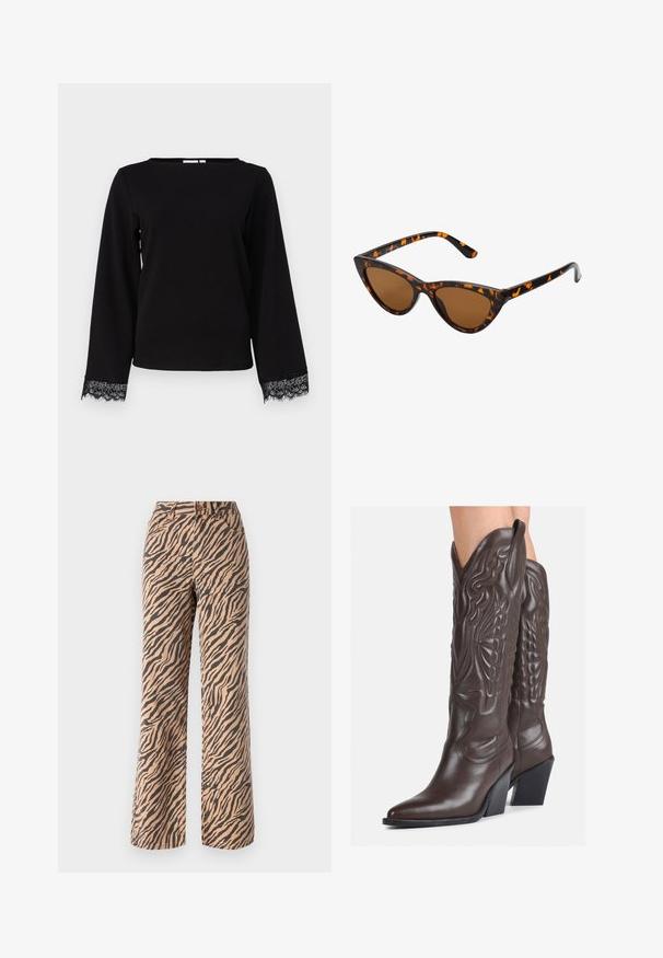 Musta pitkähihainen paita, joka on valmistettu pehmeästä kankaasta. Paita on leveällä kaula-aukolla ja pitsi viimeistelyillä hihoissa. Yksinkertainen, suora leikkaus.; Ohuet lahkeet, joissa on tiikeriraidallinen kuvio ruskean ja mustan sävyissä, varustettuna tavallisella vyötäröllä ja viidellä taskulla.; Ruske nahkasaappaat, joissa on terävä kärki ja laatikkokorko, varustettu yksityiskohtaisella ompelulla ja kohotetuilla yksityiskohdilla varsiosassa.; Kattöga solglasögon med en svart och orange sköldpaddsmönstrad båge, bruna linser och slanka, spetsiga spetsar. Har en minimal logotyp på skalmen.; Musta nahkainen kynäpenkkilaukku, jossa on läppä ja kultainen metallinen solkiyksityiskohta. Mukana musta hihna ja tyylikäs, minimalistinen muotoilu.