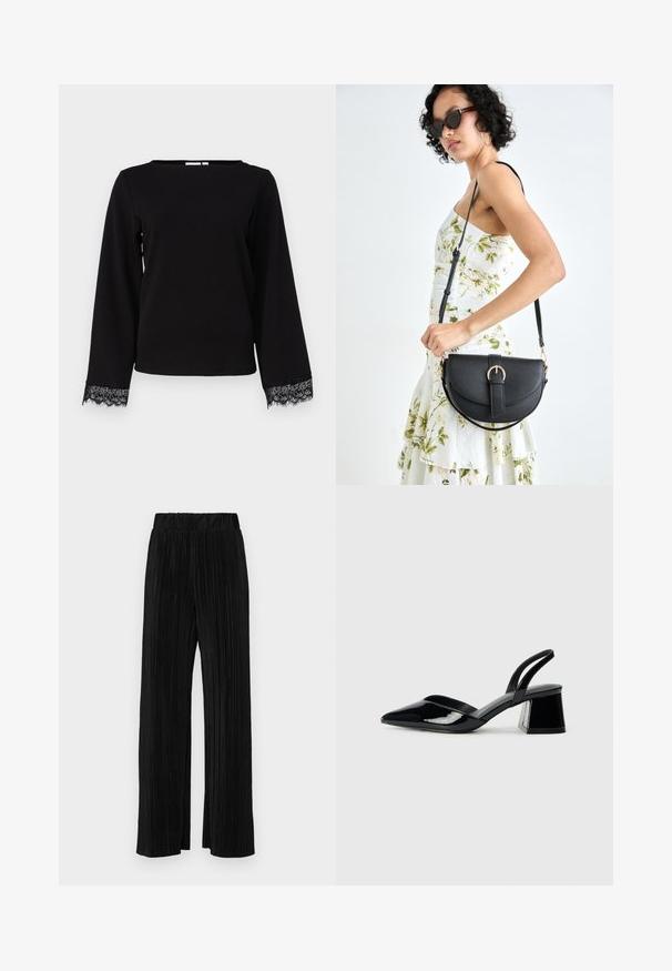 Fekete, hosszú ujjú blúz, puha anyagból készült, széles nyakkivágással és csipkebetéttel a mandzsettákon. Egyszerű, egyenes szabású dizájn.; Fekete pliszírozott nadrág gumis derekkal. Széles lábakkal rendelkezik, sima, texturált anyagból készült, függőleges csíkokkal.; Fekete lakk bőr szandálkés magas sarkú cipő, hegyes orral és geometrikus tömbsarkakkal. Karcsú, minimalista dizájn és sima textúra jellemzi.; Fekete bőrtáska ívelt formával, levehető pánttal és arany színű fémrészekkel. A táskán egy csattal díszített fedél található.
