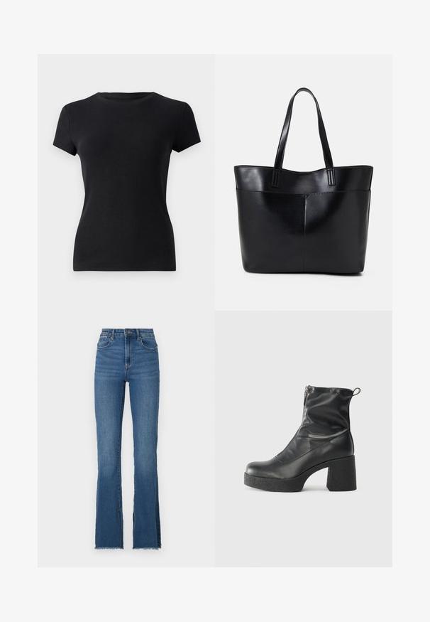 Must t-särk mustast ribikangast, lühikeste varrukatega, ringja kaelusega ja naha lähedase lõikega. Ei ole nähtavaid mustreid ega aktsente.; Laienevate siniste teksade kõrge talje, millel on replika lähenev äär ja viie tasku disain. Sile tekstuur koos peene pleekimisega.; Mustad mustad ansapüksid, mis on valmistatud siledast nahast, külje zipperiga, paksu tekstuuriga kontsaga ja ümmarguse nina disainiga.; Must mustaga musta nahast, millel on kaks pikka kanda, sile tekstuur ja struktureeritud kuju. Esipoolsel on lisakoti jaoks tasku.