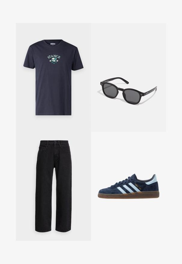 Dark navy cotton T-shirt featuring a graphic logo reading "STANCE" with tennis rackets and the year "2009" embroidered on the front.; Black denim wide-leg pants with a high waist, featuring five pockets and a button closure. Fabric has a smooth texture and slight stretch.; Navy blue suede Adidas sneaker with light blue stripes, gum sole, light blue heel tab, and gold "Spezial" branding on the side.; Black oval sunglasses with dark lenses, thick frames, and silver dot accents on the sides. Smooth plastic material, contemporary design.