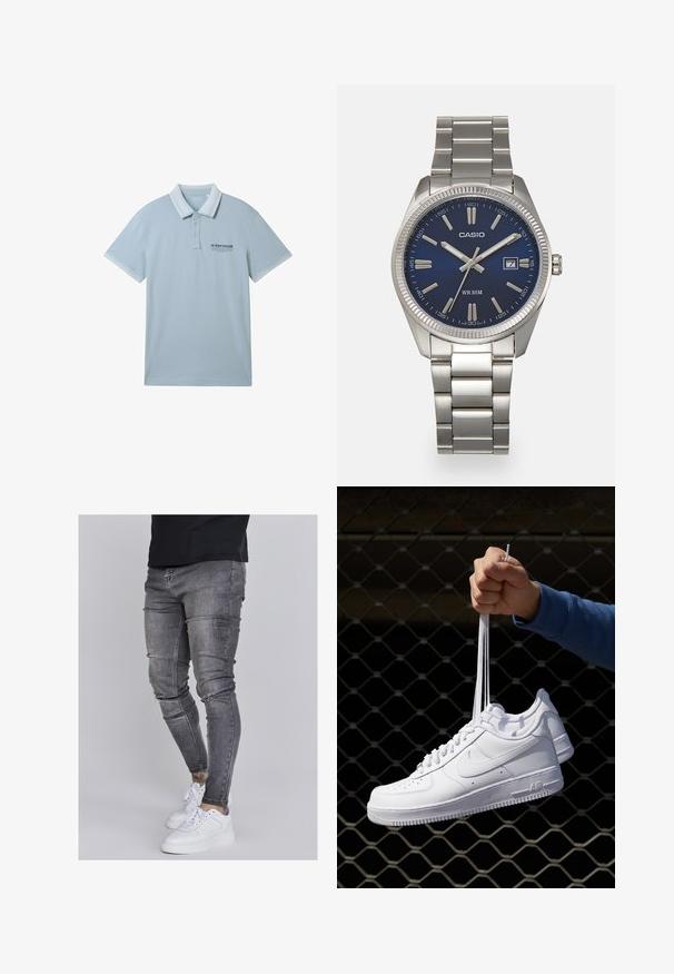Ljusblå pikétröja i ett mjukt material, med krage, tvåknaps placket och kontrasterande vit trim vid ärmarna och kragen.; Smala jeans i blekt grå denim, med slitna detaljer vid knäna, kombinerat med vita sneakers. Slät struktur, slim fit-design.; Vita lädersneakers med perforeringar, rund tå, platt sula och tjocka snörning, med en synlig swoosh-logga och "AIR" på hälen.; Snygg klocka i silverfärgad rostfritt stål med en marinblå urtavla, metalliska timmarkörer och en datummarkering vid klockan tre. Vattentålig ner till 50 meter.