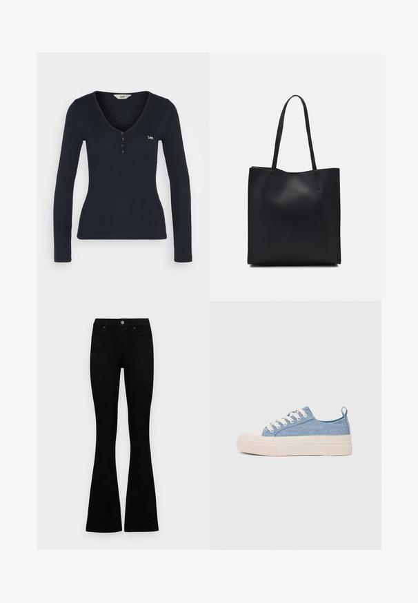 Long-sleeve, navy blue ribbed top with a V-neckline, front buttons, and a small embroidered logo on the left chest. Soft texture.; Black high-waist jeans with a button and zip closure, front pockets, and flared legs laid flat on a white background.; Light blue canvas sneakers with a cream rubber toe cap and outsole, featuring white laces and a pull tab on the heel.; Black leather tote bag with smooth texture, rectangular shape, and two long handles. No visible hardware or embellishments.