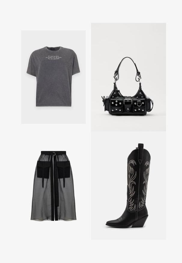 Even&Odd TONIA TEE - Marškinėliai su spaudiniu - black; Juoda permatoma sijonas su surinkta liemene, dviem didelėm priekinėm kišenėm, liemens raišteliu ir apvaliu metaliniu akcentu.; Juodi oda kaubojiški batai su smailiu nosiu, stulpeliu ir sidabriniais siuvinėti gėlių raštais palei šoną. Kontrastingas siuvinėjimas visoje bato dalyje.; Juodas odinis rankinukas su kreiviu dizainu, su sidabro spalvos knopkėmis, užsegimu ir dviem šoninėmis kišenėmis. Reguliuojama dirželis nešimui.