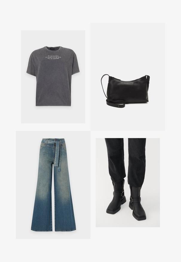 Even&Odd TONIA TEE - Print T-shirt - black; Wide-leg denim trousers featuring a light to dark blue gradient, high waist, belt loops, and a matching fabric belt. Textured denim finish.; Black leather ankle boots with a square toe, featuring a wide strap and metal buckle detail. The boots have a chunky sole and smooth texture.; Black leather shoulder bag with a smooth texture, curved shape, adjustable strap, and a zip closure. Minimalist design without embellishments.