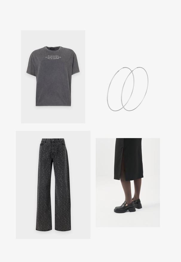 Even&Odd TONIA TEE - Trükipildiga T-särk - black; Noisy May NMJANNEL LOOSE - Avar lõikega teksad - black denim; Mustad mustad jalatsid ümmarguse varbaga, paksu plokkniidi ja elastsete külgdetailidega, kombineeritud tumedate sukkade ja musta lõhikuga seelikuga.; Hõbedased rõngastikkaehingad minimalistlikus disainis. Ümar kuju, sile tekstuur ja õhuke profiil. Kerged ning poleeritud viimistlusega.