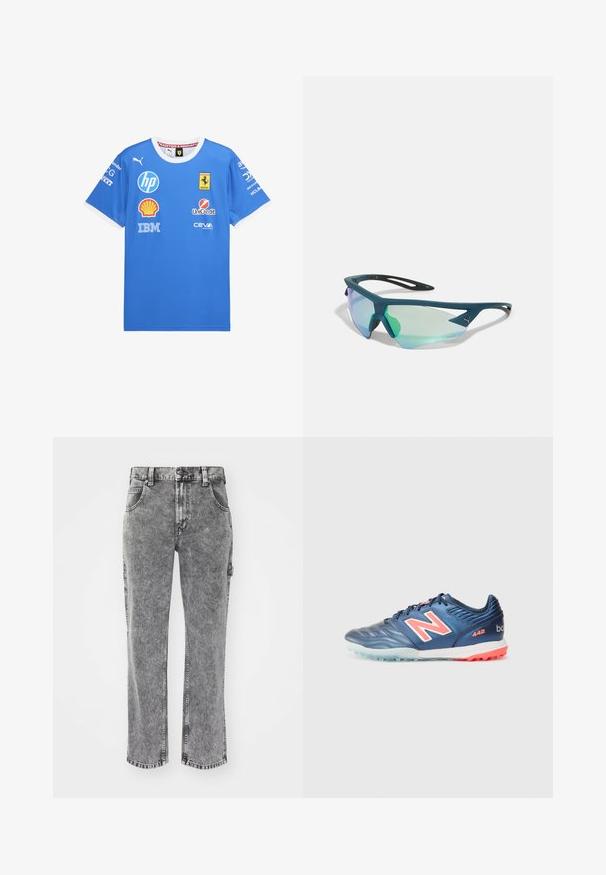 Camisa del equipo Ferrari azul con cuello blanco y logotipos de patrocinadores que incluyen HP, Shell, IBM, UniCredit, Puma y CEVA.; Jeans de denim gris con una cintura alta, diseño de pierna recta, textura desgastada y cinco bolsillos. Costuras visibles y detalles de hardware de marca.; Botín de fútbol sintético azul con un acabado texturizado, con un gran logo "N" en blanco y rosa, suela de goma y acentos en azul claro.; Gafas de sol deportivas con marco angular, color verde azulado y lentes verdes espejados. Diseño ligero con brazos delgados y flexibles.