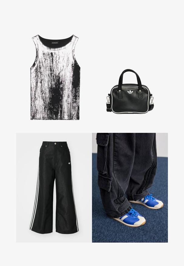 Zwart-wit tanktop van rekbare stof, met een gestreept patroon en glanzende accenten, ronde halslijn en mouwloos ontwerp.; Zwarte denim broek met wijde pijpen, voorzien van drie witte strepen aan elke zijkant en een klein wit logo. Heeft voorzakken en een knoopsluiting.; Persoon in losse zwarte cargobroeken en blauw-witte sneakers staand op een donkerblauwe vloer.; Zwarte leren handtas met twee korte handvatten, zilverkleurige hardware, witte accenten en een wit logo. Heeft een gestructureerd oppervlak en een compact ontwerp.