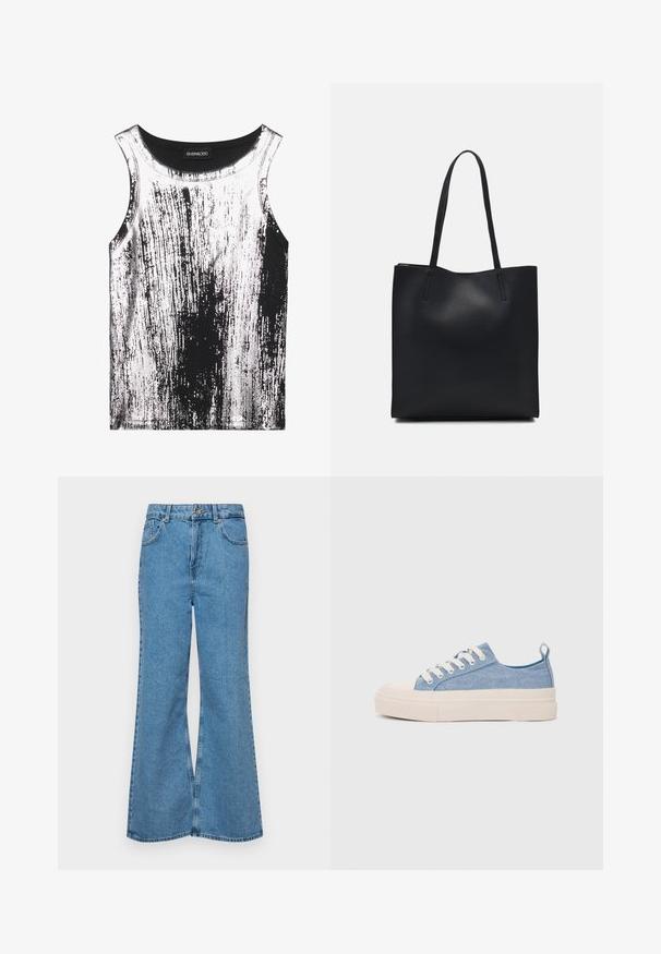 Black and white tank top made of stretch fabric, featuring a streaked pattern with shiny accents, round neckline, and sleeveless design.; Light blue flared jeans made of denim, featuring a high waist, five pockets, and a single button closure. Soft texture with faded finish.; Light blue canvas sneakers with a cream rubber toe cap and outsole, featuring white laces and a pull tab on the heel.; Black leather tote bag with smooth texture, rectangular shape, and two long handles. No visible hardware or embellishments.