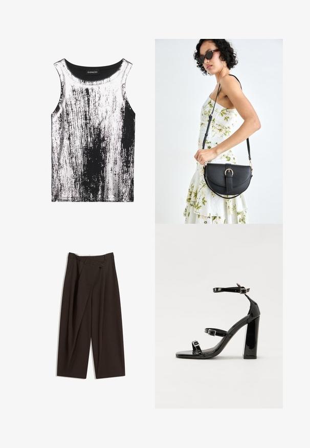 Schwarzes und weißes Tanktop aus dehnbarem Material, mit einem gestreiften Muster und glänzenden Akzenten, rundem Ausschnitt und ärmellos.; Dunkelbraune, weite Hosen mit hohem Bund, die über einen einzigen Knopfverschluss und eine gefaltete Vorderseite verfügen. Hergestellt aus leichtem Stoff.; Schwarze Lackleder-Sandalen mit hohen Absätzen, zwei Riemen mit Schnallen, quadratischer Zehenpartie und klobigem Blockabsatz, mit einer glatten, glänzenden Textur.; Schwarze Lederhandtasche mit geschwungener Form, abnehmbarem Tragegurt und goldenen Beschlägen. Die Tasche verfügt über einen Deckel mit einer Schnallen-Details.