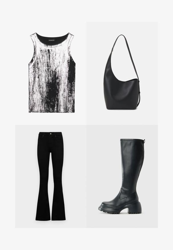 Schwarzes und weißes Tanktop aus dehnbarem Material, mit einem gestreiften Muster und glänzenden Akzenten, rundem Ausschnitt und ärmellos.; Schwarze hochtaillierte Jeans mit einem Knopf- und Reißverschluss, Fronttaschen und ausgestellten Beinen, flach auf einem weißen Hintergrund ausgelegt.; Hoher schwarzer Lederstiefel mit einer robusten Plateausohle und Blockabsatz, der über eine Zuglasche und ein strukturiertes Profil an der Außensohle verfügt.; Schwarze Leder-Hobo-Tasche mit einer glatten Textur, geschwungener Form und einem einzelnen verstellbaren Tragegurt; verfügt über eine weite Öffnung am oberen Ende.