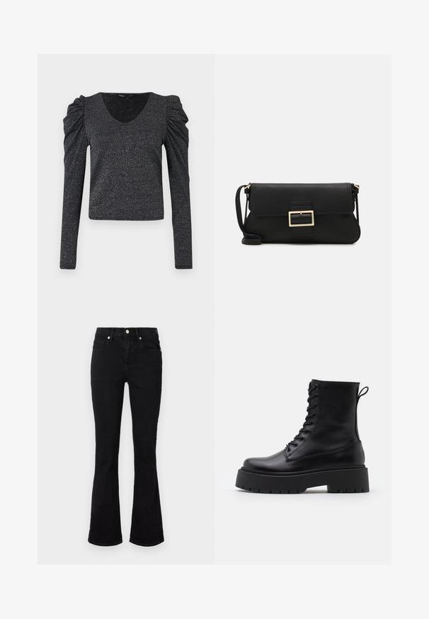 Hosszú ujjú fekete felső puffos vállakkal, csillogó anyagból készült. Mély V-nyakú és testhez simuló fazonnal rendelkezik.; Fekete, harangszárú farmernadrág, közepes üléssel, első zsebekkel és gombzárral. Simább textúra minimális varrási részletekkel.; Fekete bőr bokacsizma, kerek orral, fűzős elülső résszel és vastag, texturált gumitalppal. Húzófül hátul.; Fekete bőr kézitáska hajtóka részlettel és aranyszínű fém csattal. Tartalmaz egy fekete pántot és egy letisztult, minimális dizájnt.