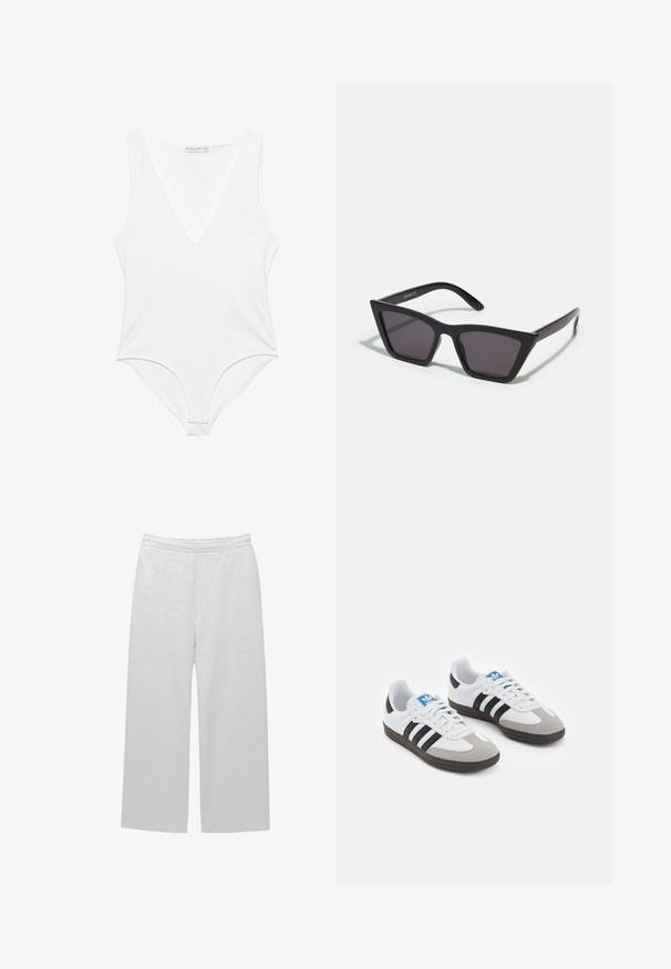 Weißer ärmelloser Body mit tiefem V-Ausschnitt, aus glattem Material gefertigt, mit Druckknopfverschluss am Boden und körpernahem Design.; Weiße, weite Hosen aus weichem Stoff mit elastischem Bund und zwei Seitentaschen; glatte Textur und minimales Design.; Sportschuhe mit einem Obermaterial aus weißem Leder, grauer Wildleder-Zehenkappe und drei schwarzen Streifen. Sie verfügen über ein blaues Logo auf der Zunge und eine strukturierte Gummisohle.; Schwarze, eckige Sonnenbrille mit grauen Gläsern; aus Kunststoff gefertigt, mit dicken Bügeln, die eine glatte Oberfläche und keine sichtbaren Beschläge haben.