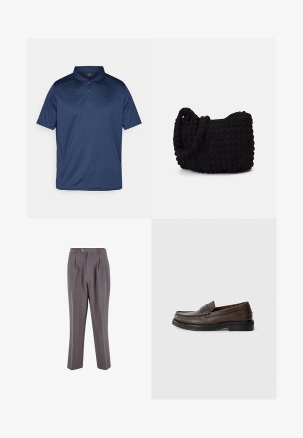 Sötétkék pólóing sima, légáteresztő anyagból. Klasszikus gallérral, három gombbal és kicsi logóval rendelkezik a bal mellemén.; Szürke pliszírozott nadrág sima anyagból, egyenes lábszárral, egy gombos záródással és ferde oldalsó zsebekkel.; Barna bőrből készült loaferek kerek orral, részletes varrással és lapos fekete talppal. Jellemzője egy kis díszítő pánt a lábfej fölött.; Fekete szövet táska texturált, steppelt mintával. Kerek formájú, rövid, vastag fogantyúkkal és puha, rugalmas szerkezettel.; Ezüst színű fém óra kék, kefélt számlappal, fehér órijjelezőkkel és dátumkijelzővel. Fém, láncolt szíj és márkalogó jellemzi.