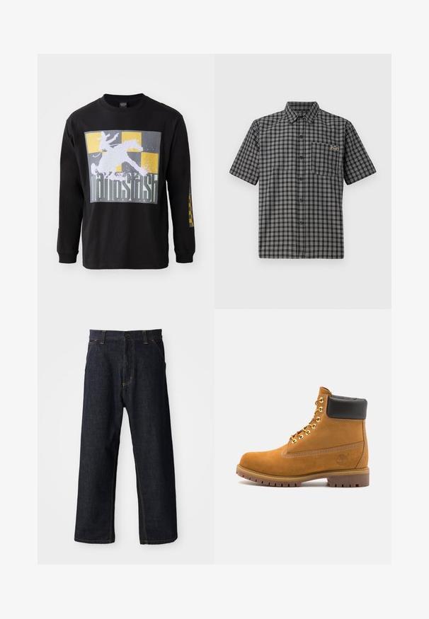 Musta pitkähihainen T-paita, jossa on suuri graafinen kuva ratsastajasta hevosen selässä harmaata ja kultaa ruutukuviota vasten. Puuvillamateriaali, normaali istuvuus.; Lyhythihainen paita musta-valkoisessa ruutukuosissa, jossa on nappikaulus, etutasku ja pieni etiketti rinnassa.; Tummansiniset farkut, joissa on suora lahjetyyli. Niissä on keltaista ommelta, etutaskut ja nappisuljenta vyötäröllä.; Valkoinen nahkainen nilkkuri mustalla pehmustetulla kauluksella, kultaisilla metallisilla rei'illä, valkoisella ompeluksella ja jykevällä kumipohjalla, jossa on selvästi näkyvät urat.