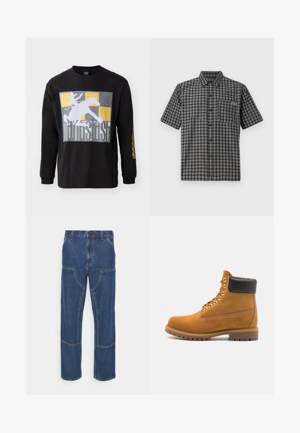 Tricou negru cu mânecă lungă, prezentând o grafică mare cu un călăreț pe un cal, peste un fundal în carouri gri și aurii. Material din bumbac, croială standard.; Cămașă cu mânecă scurtă în model tartan alb-negru, cu guler cu nasturi, buzunar frontal și o etichetă mică pe piept.; Jeans din denim albastru cu croi drept, buzunare frontale cu capac și cusături contrastante. Materialul are o textură și un finisaj clasic.; Cizmă de gleznă din întoarsă de culoare bej, cu guler negru căptușit, ochiuri din metal auriu, detalii de cusătură albă și talpă din cauciuc robustă, cu un model pronunțat.
