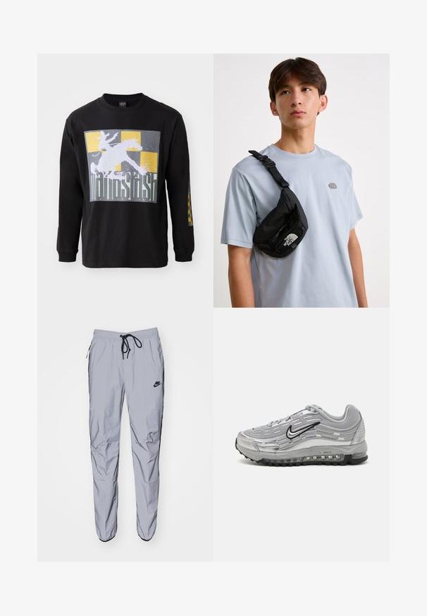 Fekete, hosszú ujjú póló, amelyen egy lovas nagy grafika található egy szürke és arany kockás háttéren. Pamut anyagból készült, szabványos szabású.; Világosszürke melegítőnadrág sima, könnyű anyagból fekete részletekkel. Jellemzője a rugalmas derékpánt, húzózsinórral és oldalsó zsebekkel.; Szürke Nike Air Max sportcipők, hálós és szintetikus felsőrész, hullám alakú dizájn, fekete kiegészítők és látható légpárnás talp.; Fekete nylon keresztpántos táska állítható pánttal, kiemelkedő fehér logóval. Világoskék póló felett viselve. Egyszerű, funkcionális dizájn.