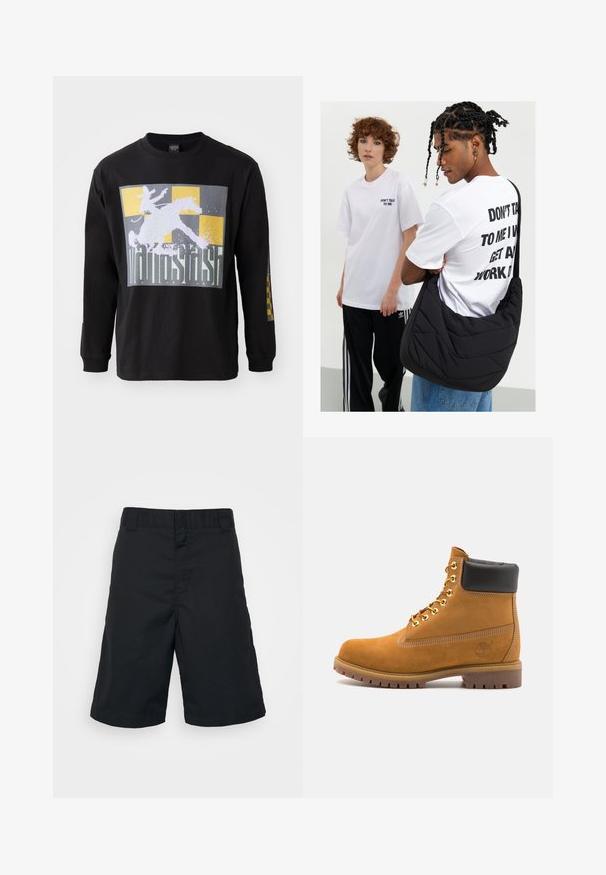 Crna dukserica dugih rukava s velikom grafikom jahača na konju preko sivo-zlatne kockaste pozadine. Pamuk, standardni fit.; Crne hlače kratkog kroja od tkanine, s ravnim krojem, standardnim pojasom i bez uzoraka ili vidljive metalne opreme.; Antracitne antilop čizme do gležnjeva s crnim podstavljenim ovratnikom, zlatnim metalnim rupicama, bijelim šavovima i robusnom gumenom potplatom s izraženim šarama.; Crna jastučićasta torba preko ramena sa mekom teksturom, koju nosi osoba u bijelom grafičkom majici s podebljanim natpisom. Ležerna kombinacija s trapericama.