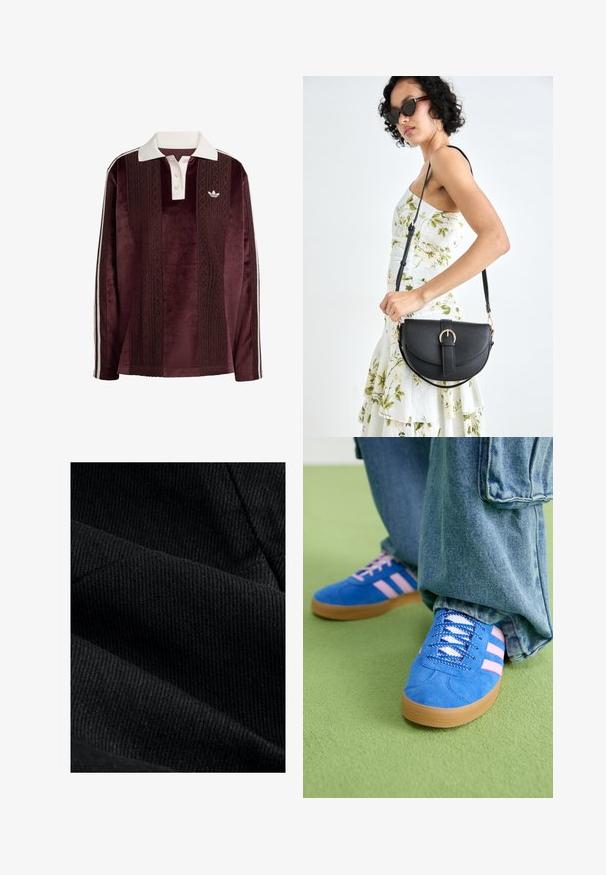 Garšīgas piedurknes tumši sarkans velūra polo krekls ar baltu apkakli, pogu piegriezumu, teksturētām vertikālām svītrām, Adidas logo un baltām sānu svītrām.; Melna auduma ar ciešu riboto faktūru, kurā redzamas dažādas toņu variācijas un smalka krāsu dziļuma spēle, kas atklāj gludu virsmu un maigu apdari.; Zilas zamšādas kurpes ar rozā svītrām un baltām šņorēm, aprīkotas ar gumijas zoli, kopā ar brīvām džinsu biksēm uz zaļas virsmas.; Melnas ādas rokassoma ar izliekta formu, noņemamu siksnu un zelta aksesuāriem. Somai ir vāciņš ar sprādzes detaļu.