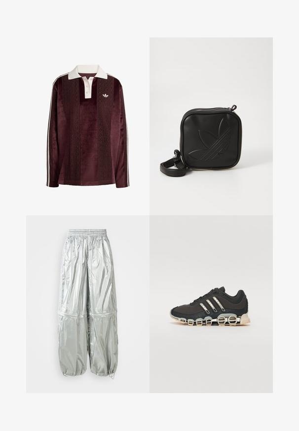 Polo shirt en velours bordeaux à manches longues avec col blanc, patte de boutonnage, rayures verticales texturées, logo Adidas et rayures blanches sur les côtés.; Pantalons cargo légers argentés avec une texture brillante, taille élastique, poignets froncés et deux grandes poches avant.; Chaussure de sport noire avec un dessus texturé, trois bandes argentées et une semelle amortissante distinctive comportant plusieurs sections intégrées.; Sac bandoulière noir en matériau synthétique texturé. Présente un design de logo en relief et une bandoulière réglable. Fermeture zippée.