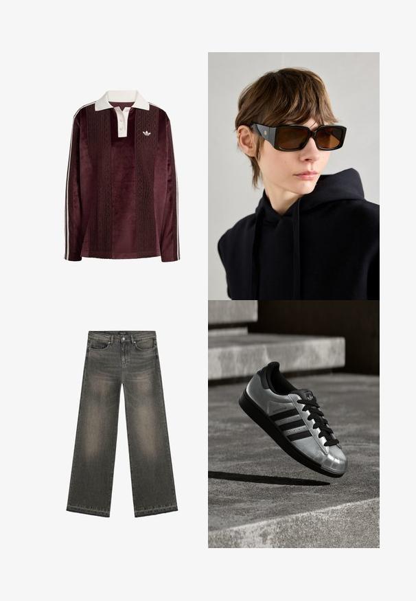Polówka z długim rękawem w ciemnoczerwonym kolorze z weluru, z białym kołnierzykiem, listwą na guziki, teksturowanymi pionowymi paskami, logo Adidas oraz białymi paskami po bokach.; Jeans o szerokich nogawkach w wyblakłym czarnym dżinsie z surowym dołem. Posiada klasyczny pięciopocketowy design oraz zapięcie na guzik.; Srebrny tenis z czarną gumową podeszwą, czarnymi sznurówkami i trzema czarnymi paskami. Posiada metaliczne wykończenie i klasyczny, wzmocniony czubek.; Czarne, oversize okulary przeciwsłoneczne o błyszczącym wykończeniu, prostokątnym kształcie, brązowych soczewkach oraz złotym detalu logo na zausznikach.