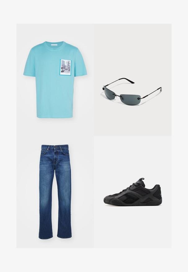 T-shirt en coton bleu clair avec un imprimé de scène de rue sur la poche avant, bordé d'un cadre bleu contrasté, manches courtes.; Jean en denim bleu avec une coupe droite, présentant des poches avant, des passants de ceinture et un léger délavage sur les cuisses. Texture de tissu durable.; Chaussures de sport noires avec un mélange de matériaux lisses et texturés, présentant un design distinct, une semelle moulée et des détails de marque proéminents.; Lunettes de soleil avec une monture en métal noir élégant, des verres teintés sombres, un design minimaliste, et des plaquettes de nez réglables pour le confort.