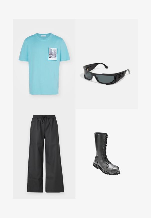 Svetlo modra bombažna majica s kratkimi rokavi, ki ima spredaj žep s potiskom ulične scene, obdan z kontrastnim modrim okvirom.; Han Kjøbenhavn RELAXED TRACK TROUSERS - Hlače - black; Črna usnjena vojaška čevlja za vezanje z visokim usnjem, okroglo konico, podloženim ovratnikom in teksturiranim gumijastim podplatom za boljši oprijem.; Sončna očala s črnim plastičnim okvirjem, sivimi lečami, zaščitnim oblikovanjem, stranskimi detajli in logotipom na ročaju.