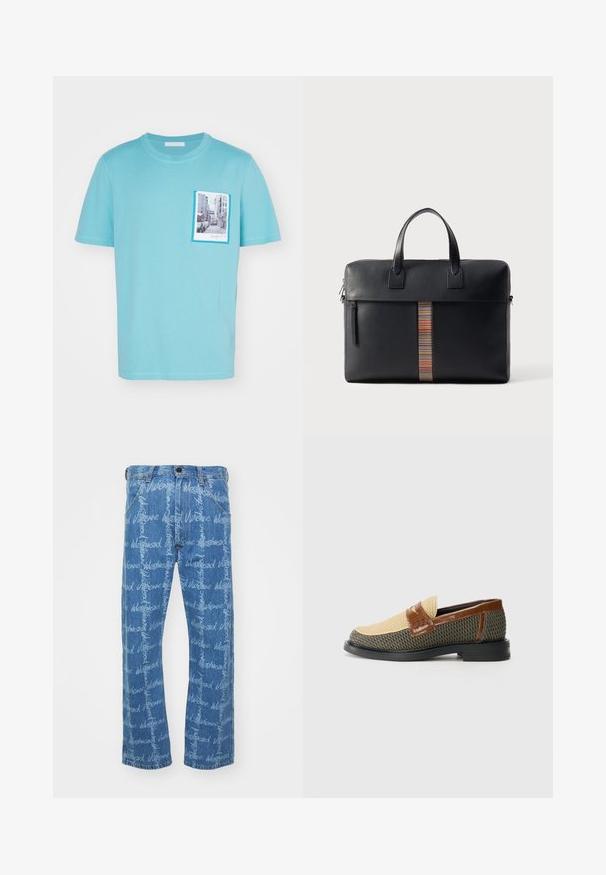 Soe sinine puuvillane t-särk, mille esiküljel on tasku ja tänavaskeem, mida ümbritseb kontrastne sinine raam, lühikeste varrukatega.; Sinised teksad sirge sääre lõikega, millel on valge korduv "Vivienne Westwood" tekstimuster. Klassikaline viie tasku disain.; Kootesed on tekstuuriga rohelised ja pruunid, libisemisega mudel, millel on kudumisisekorraldus, pruuni nahkrihm ja sile must tald. Rihmal on mustriline detail.; Paul Smith BAG FOLIO UNISEX - Kohver - black