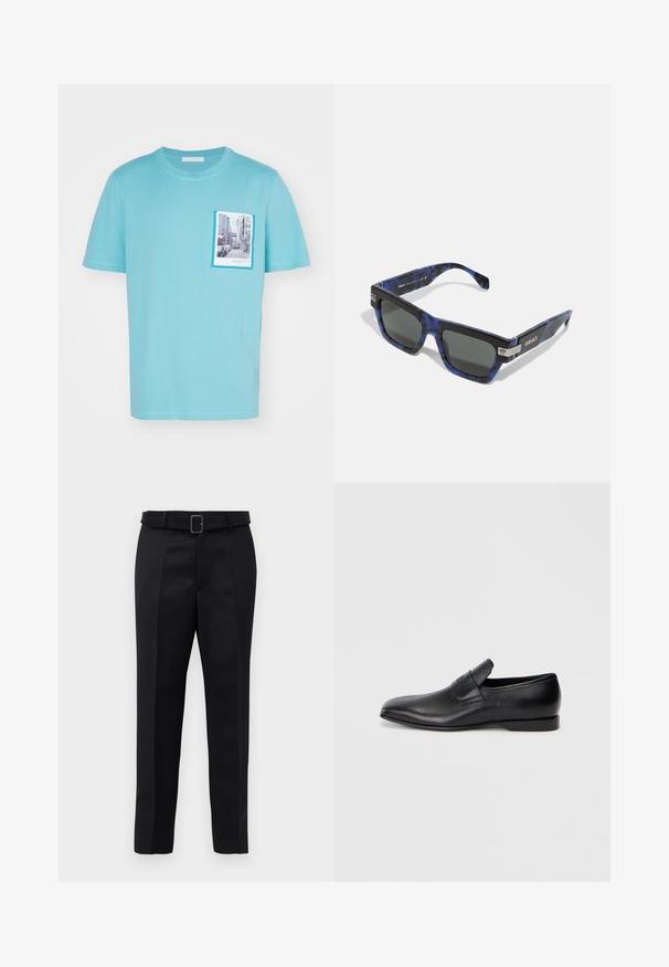 Tricou din bumbac de culoare albastru deschis, având un imprimeu cu o scenă de stradă pe buzunarul din față, înconjurat de un cadru albastru de contrast, cu mâneci scurte.; Pantalonii negri ajustați sunt fabricați dintr-un material neted, au croi drept și o talie încrustată cu o cataramă rectangulară. Pliseele frontale notabile îmbunătățesc designul.; Pantofii negri din piele, slip-on, cu vârf ascuțit, textură netedă și branding subtil pe lateral. Toc jos cu un design curat și minimal.; Versace Ochelari de soare - havana blue/dark grey