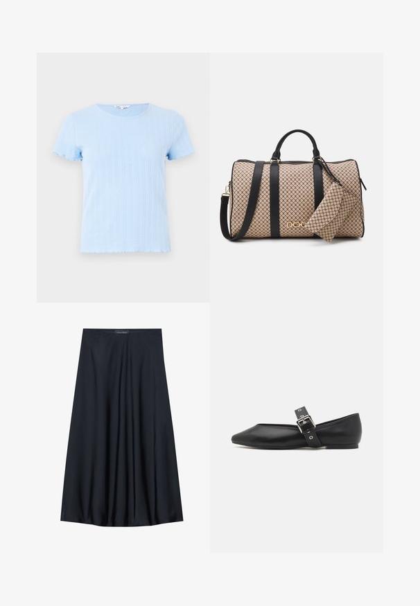 Svetlo modra majica s kratkimi rokavi in okroglo ovratnico, ki ima navpično rebrasto teksturo ter valovite robove na rokavih in ob robu.; Top brez rokavov v rumeni barvi z teksturiranim videzom in nabranim stranskim detajlom. Mehak material in sproščen kroj, z ravnim robom.; Črna krila do kolen, izdelana iz lahkotnega blaga s sproščenim dizajnom. Ima gladko teksturo in subtilne gube za dodatne podrobnosti.; Črne usnjene balerinke s špičastim viškom, stransko zaponko s srebrno zaponko in nizkem peto. Gladka tekstura in minimalističen dizajn.; Nahrbtnik z bež vzorčasto zunanjostjo, črnimi usnjenimi trakovi, zlatimi dodatki in majhnim ujemajočim se etuijem pritrjenim na njem. Strukturna zasnova.; Zlato obarvana pravokotna ročna ura z belo številčnico, srebrnimi kazalci in trdno kovinsko zapestnico. Vključena je vodoodporna funkcija.