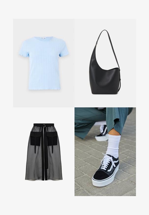 Helles blaues T-Shirt mit kurzen Ärmeln und rundem Ausschnitt, mit vertikaler gerippter Textur und gewellten Kanten an den Ärmeln und dem Saum.; Schwarzer transparenter Rock mit einem gerafften Taillenbund, der zwei große Fronttaschen, einen Taillenkordel und ein kreisförmiges Metallakzent aufweist.; Schwarze Wildledersneaker mit weißen Akzenten und Schnürsenkeln, ausgestattet mit einer dicken weißen Sohle und kontrastierenden Nähten, kombiniert mit einer weißen Socke.; Schwarze Leder-Hobo-Tasche mit einer glatten Textur, geschwungener Form und einem einzelnen verstellbaren Tragegurt; verfügt über eine weite Öffnung am oberen Ende.